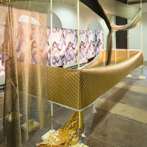 Vanity Fair, 2013, mixed media installation: fabric, pegs, belts, turnbuckles, painted wood and mild steel. 12.3m x 1.7m. Photo credit: Roland Paschhoff.